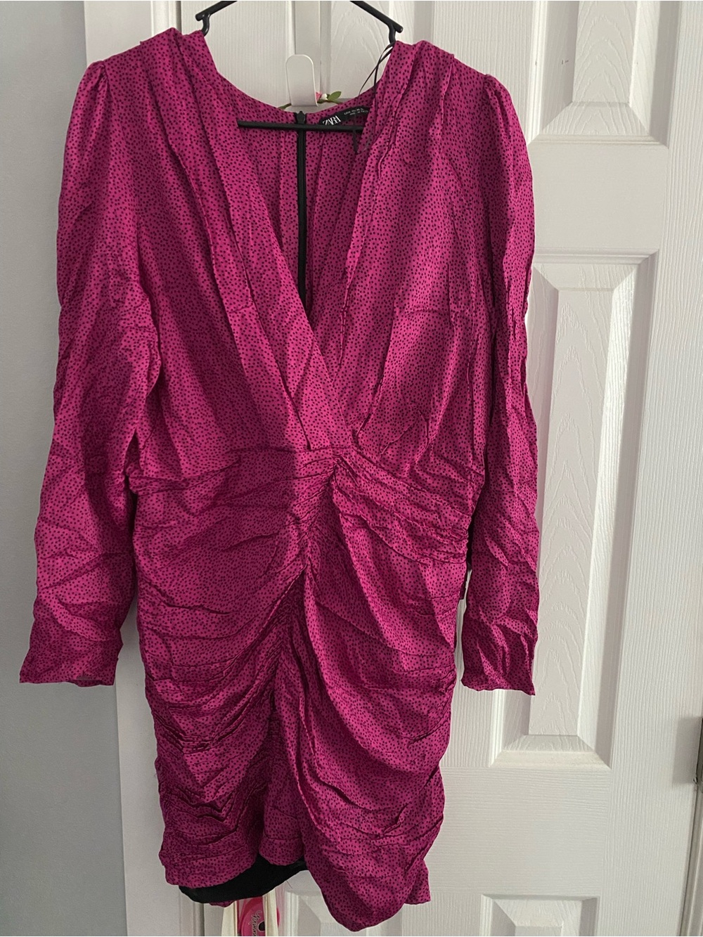 Zara Magenta Ruched V-Neck Long Sleeve Dress